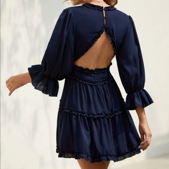 Open back 3/4 long sleeve ruffle tier boho dress - Picture 4 of 5